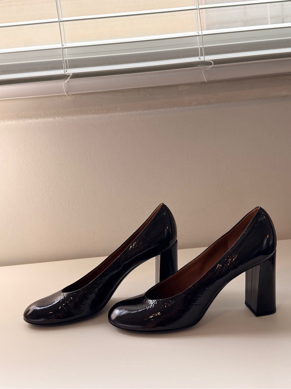 Dark Maroon Brown Patent Block Heel Pumps